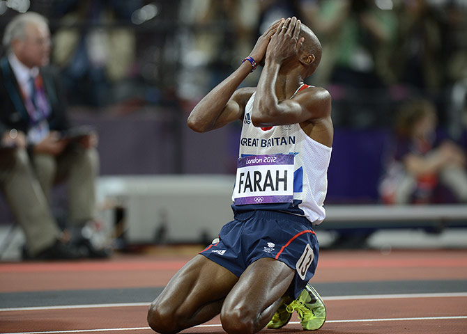 Mo Farah: Mo falls to his knees after the finish