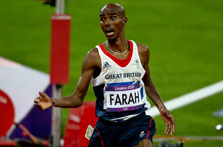 Mo Farah: Mo reacts with a look of shock after crossing the finish line