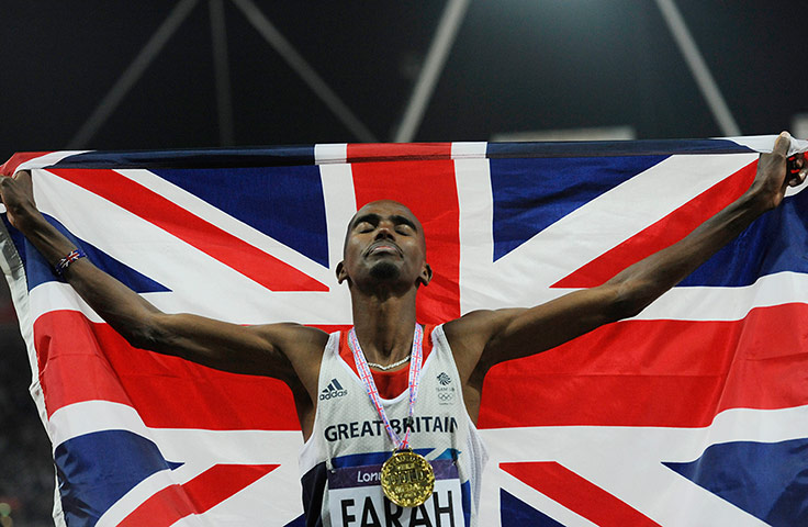 Mo Farah: Mo raises his head to the heavens with a union flag