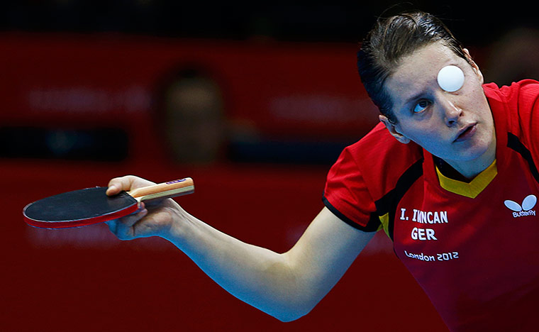 London 2012 Table Tennis: Irene Ivancan serves to Miao Miao tennis match London2012 Olympic Games
