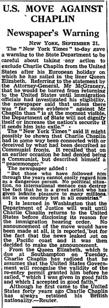 1952 Charlie Chaplin Banned From The Us Charlie Chaplin The Guardian