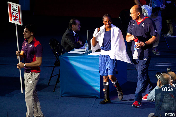 Women's boxing: Nicoal Adams celebrates her win as she makes her way from the ring