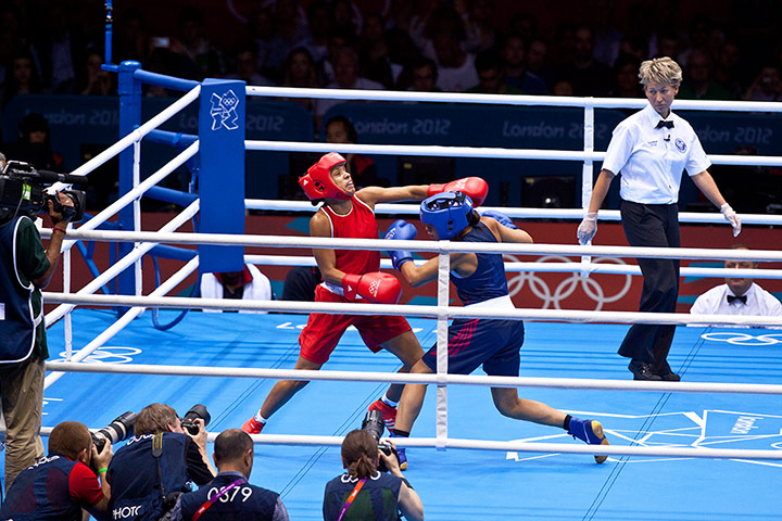 Women's boxing: Karina Magliocco of Venezuela in Red and Marlen Esparza of the US