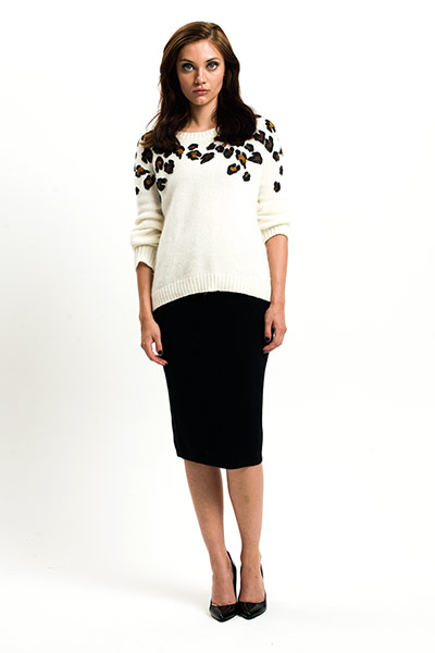 All Ages: Leopard: Model wears wear jumper with a leopard print pattern and a black skirt