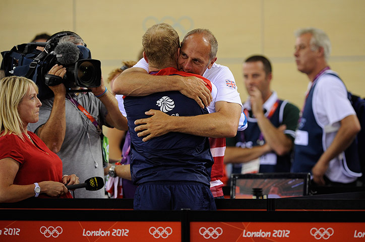 Velodrome: Chris Hoy is congratulated by Steve Redgrave