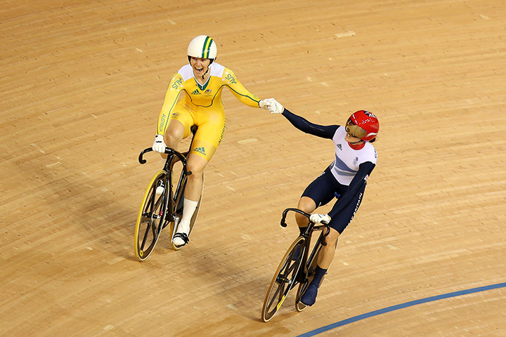 Winners and losers: Anna Meares celebrates winning the Gold medal ahead of Victoria Pendleton