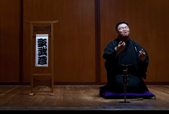 Big Picture: Sumo: Sanyutei Utamusashi, retired sumo wrestler practicing the art of Rakugo