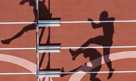 The bright sunshine is throwing some great shadows of the athletes in action during the 110m hurdles heats of the men's decathlon.