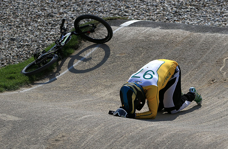 BMX Crash: Khalen Young of Australia lies on the ground after crashing 