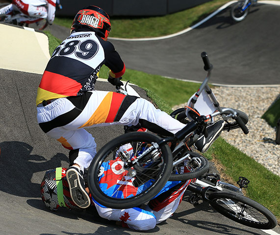 BMX Crash: Maik Baier of Germany crashes into Tory Nyhaug of Canada 