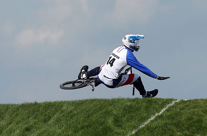 BMX Crash: Quentin Caleyron of France falls at the lip of a jump 