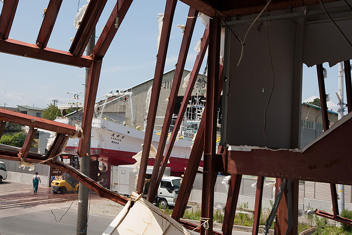 Soma, Japan: A fishing boat sits in a ship repair boatyard, in Matsukawaura