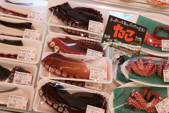Soma, Japan: Locally caught octopus on sale in a supermarket
