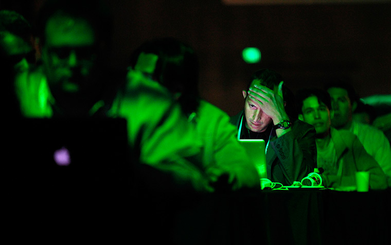 24 hours: San Francisco, California, USA: A patron works on his laptop at Tech Crunch