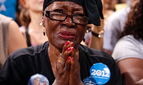 Mona Renee Johnson weeps as President Barack Obama speaks at a campaign rally last night in Las Vegas, Nevada.