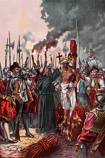 Ten best: Spanish conquerors under Pizarro burning the Inca chief Atahualpa to death