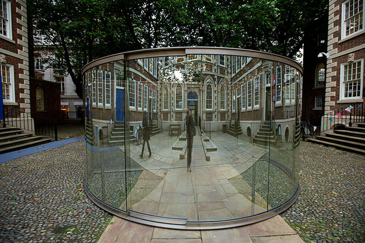 Liverpool biennial: 2-Way Mirror Cylinder Bisected By Perforated Stainless Steel by Dan Graham
