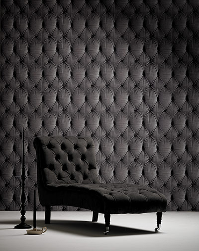 Faking it interiors: Bedroom, Chesterfield button back wallpaper in grey