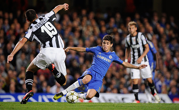 Chelsea v Juve 2: Oscar flies into a tackle with Leonardo Bonucci