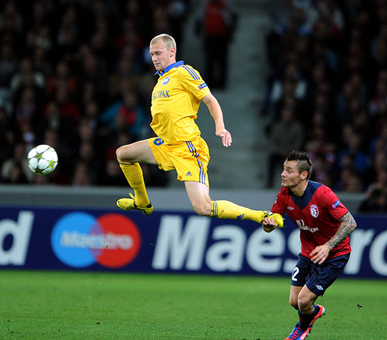 Champs League: Lille's Mathieu Debuchy vies with Bate Borisov's Maksim Borachev