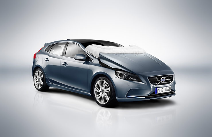 Exterior view of Volvo V40 vehicle with pedestian airbag activated