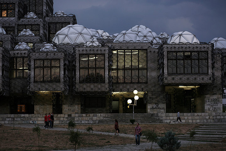 Kosovo art installation: Night falls over the National Library in Pristina