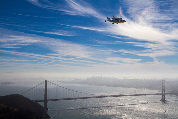 Endeavour: Endeavour flies over the Golden Gate bridge