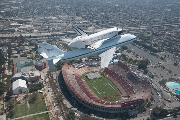Endeavour: Endeavour flies over the LA Coliseum
