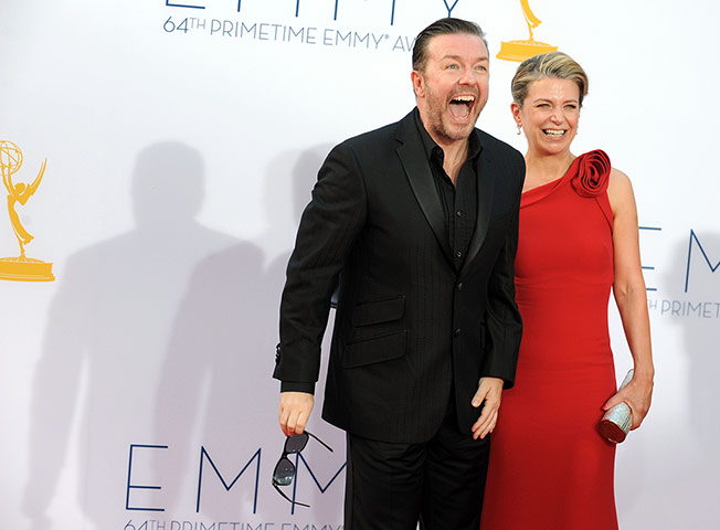 Emmy Awards: British comedian Ricky Gervais and partner Jane Fallon arrive