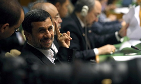 Iran president Mahmoud Ahmadinejad sits with his delegation before addressing the UN General Assembly in New York.