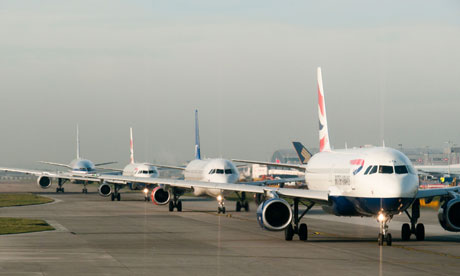 Planes queuing for takeoff at Heathrow airport in Britain