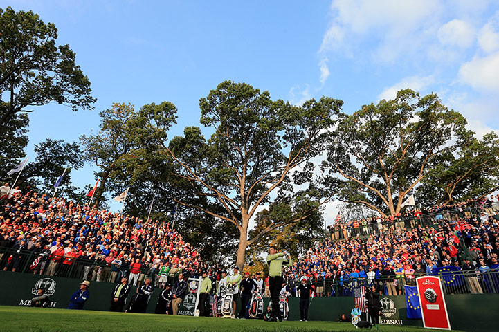 Ryder Cup day 1: Lee Westwood thwacking his tee shot 