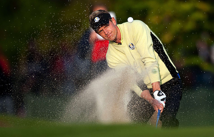 Ryder Cup day 1: Luke Donald swings from a bunker to the 2nd green 