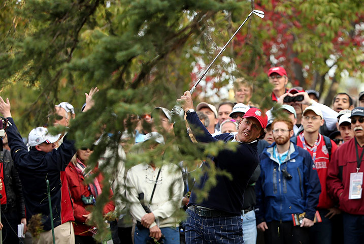 Ryder Cup day 1: Phil Mickelson plays from the rough on the fifth 