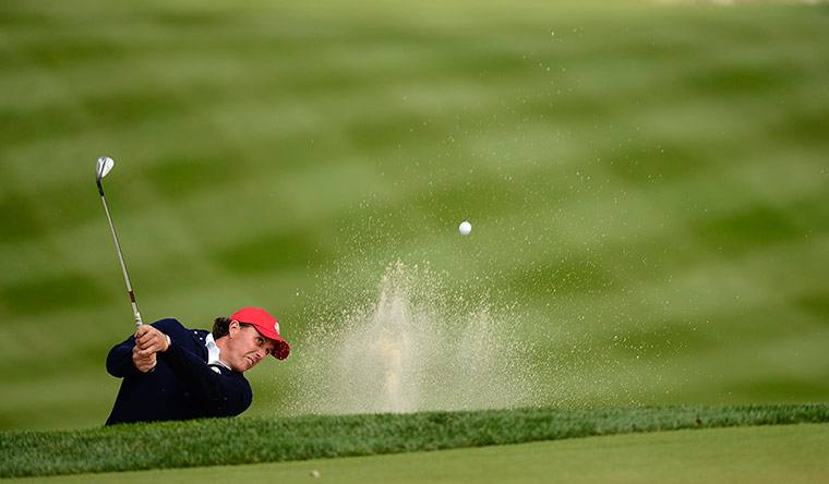 Ryder Cup day 1: Mickelson hits from a bunker on the 14th