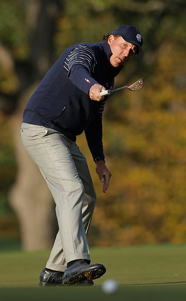 Ryder Cup day 2: Phil Mickelson reacts as he misses a putt on the fourth