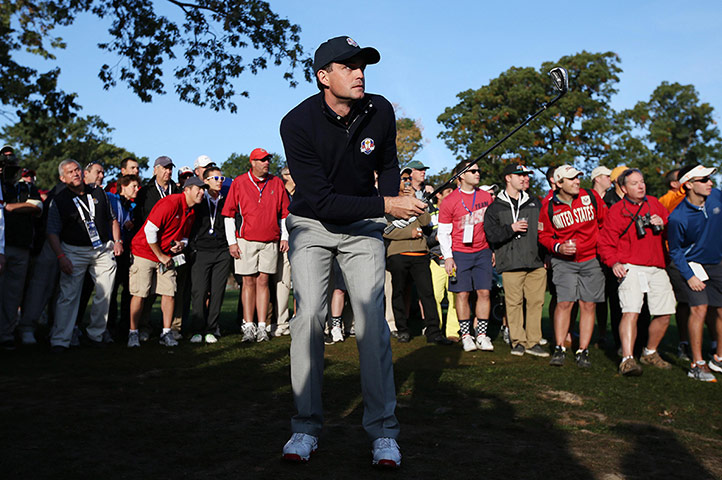 Ryder Cup day 2: Keegan Bradley watches after playing out of the rough 