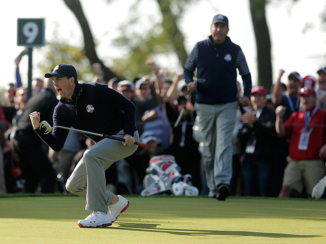 Ryder Cup day 2: Keegan Bradley seems chuffed to have made a putt on the 9th