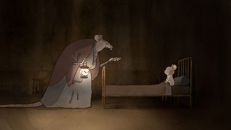 Animated image of one mouse in bed and one older mouse holding a lantern from French film Ernest and Celestine