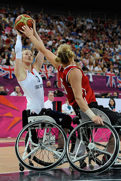 TJ basketball: ParalympicsGB player Amy Conroy takes a shot over Tara Feser