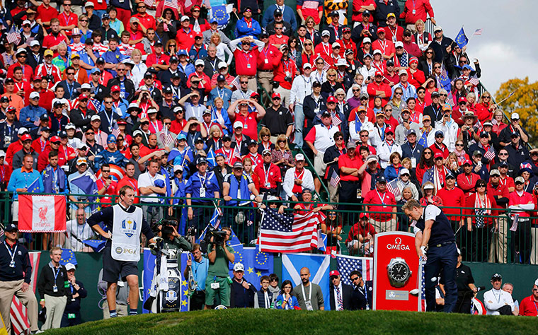 golf: Team Europe golfer Donald hits his tee shot