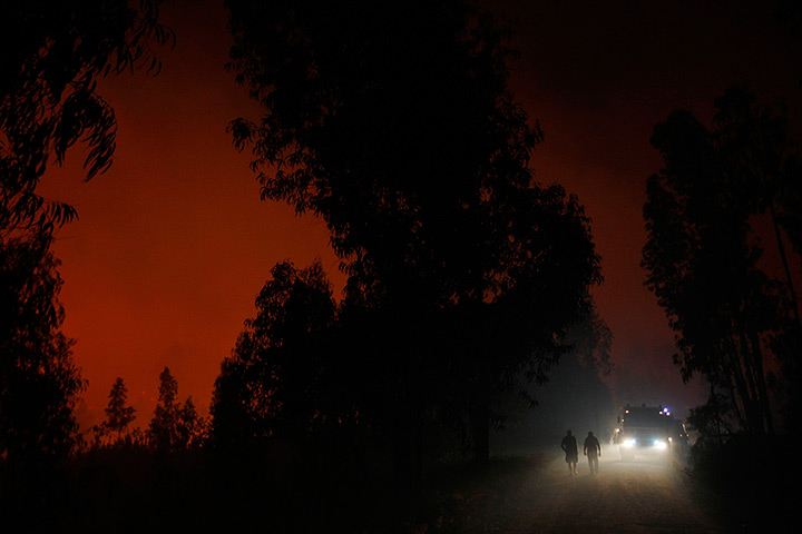 24 hours: Ribeira do Farrio, Portugal: People walk on a road near a forest fire