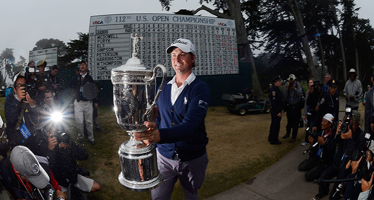 us ryder cup: Webb Simpson of the US holds the US Open Championship Trophy 
