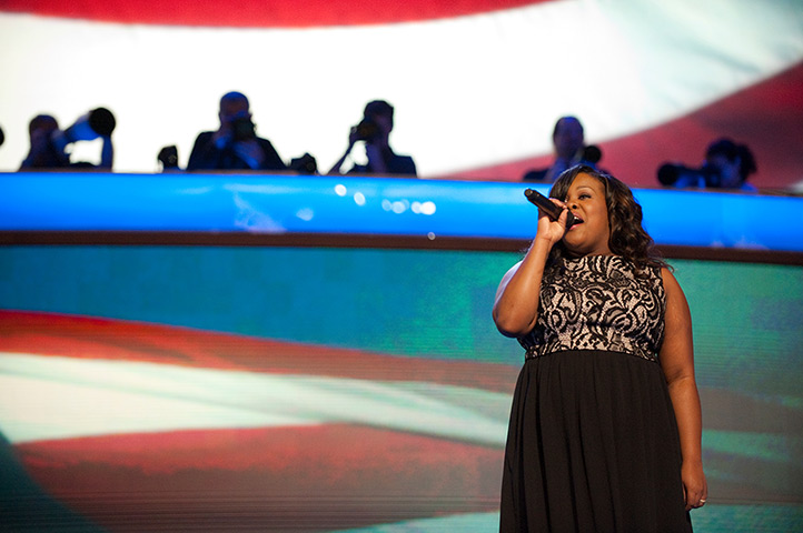 DNC session 1: The National Anthem is sung by Glee actress Amber Riley