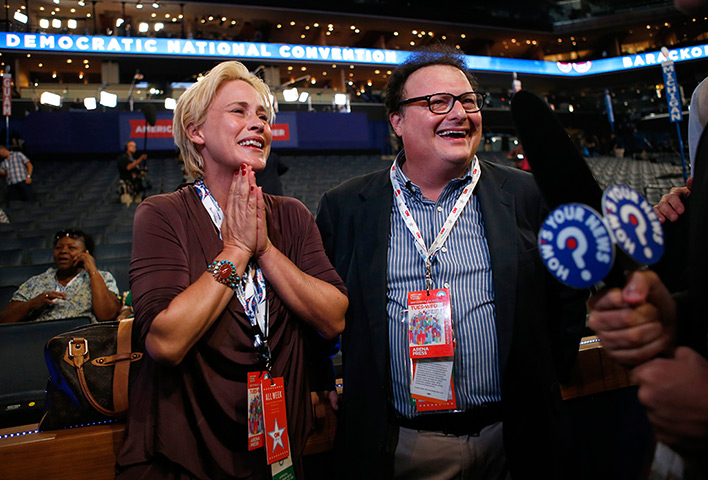 DNC day 2: Actors Patricia Arquette, left, and Wayne Knight talk to reporters 