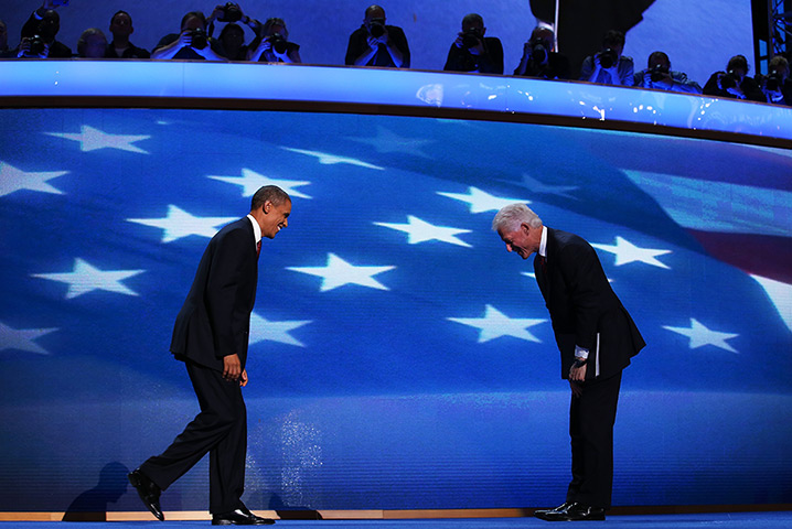 DNC day 2: Former US President Bill Clinton greets President Barack Obama on stage 