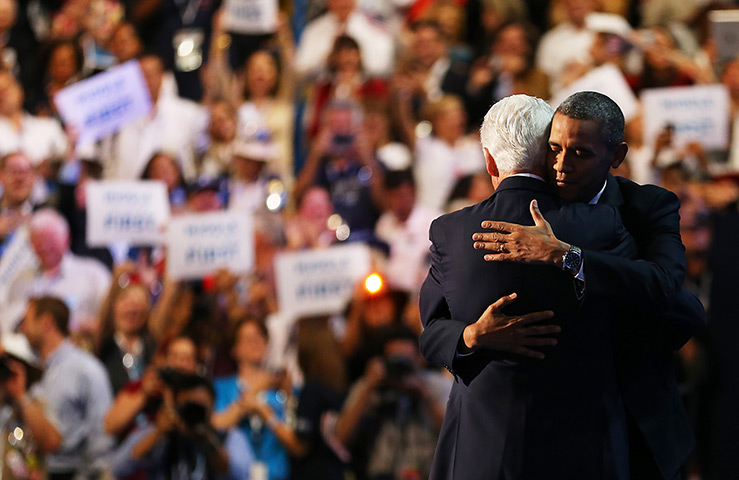 DNC day 2: Former US President Bill Clinton hugs US President Barack Obama on stage 