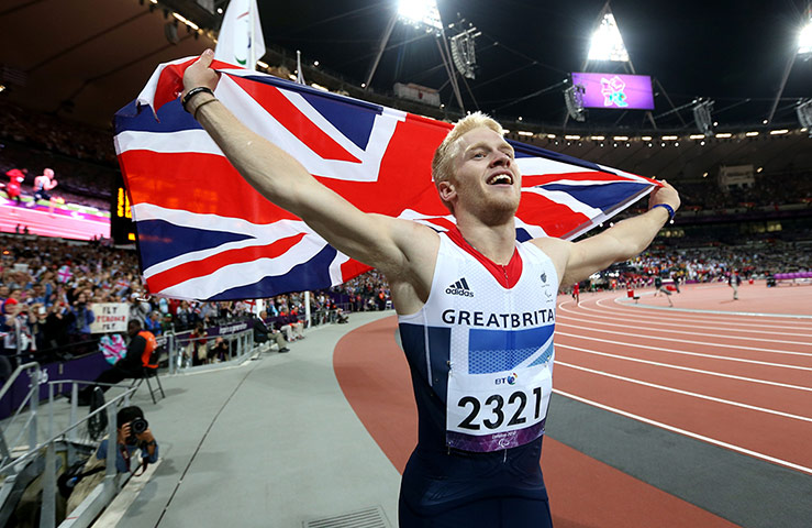 100m: Great Britain's Jonnie Peacock celebrates