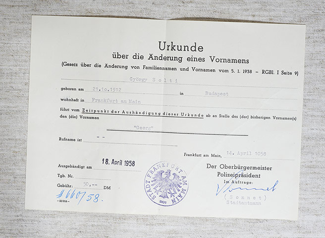 George Solti: The certificate of his name change dated 18 April 1958