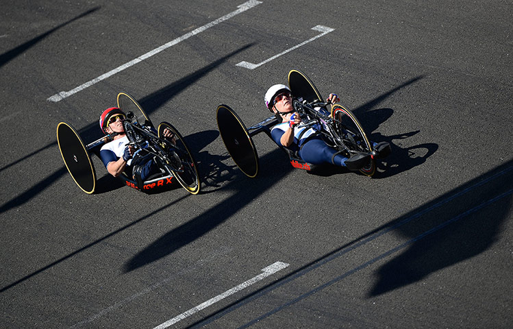 hand cycling: GB riders Rachel Morris (left) and Karen Darke (right)